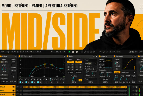 Interfaz de Ableton Live mostrando la configuración de un Rack de Audio para controlar la apertura estéreo y el procesamiento Mid Side.